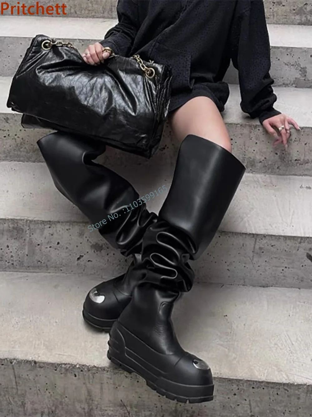 

Pleated Solid Black Over The Knee Boots Round Toe Platform Thick Soled Slip On Metal Decoration Shoes Spring Newest Modern Boot