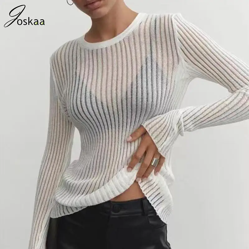 

Joskaa Knitted Ribbed See Through O-Neck Long Sleeve Slim Woollen Sweater Women Autumn 2023 Fashion Streetwear Basic Pullover