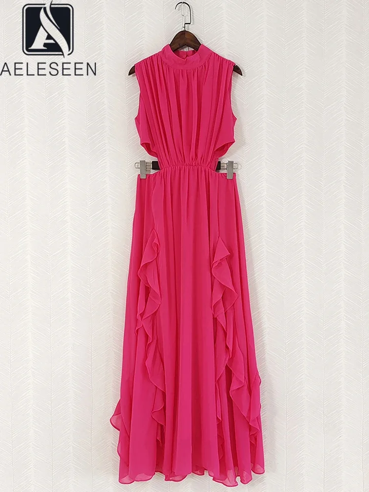 

AELESEEN Casual Long Dress for Women Summer Sleeveless Rose Red Green Solid Ruffles Waist Expose Folds Holiday Vacation