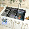 Stainless Steel Kitchen Sink with Trash Can Embossed Wash Basin with Waterfall Faucet Digital Display Large Single Solt 1