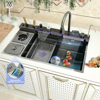 Stainless Steel Kitchen Sink with Trash Can Embossed Wash Basin with Waterfall Faucet Digital Display Large Single Solt 1