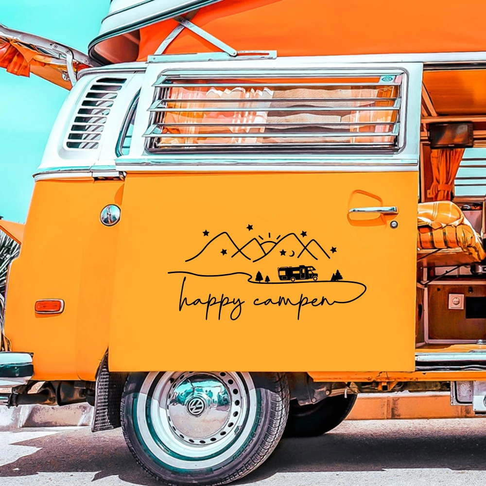 Happy Camper Mountain Sun Camper Rv Car Sticker Decal Adventure Travel Caravan Camper Auto Vehicle Vinyl Decor
