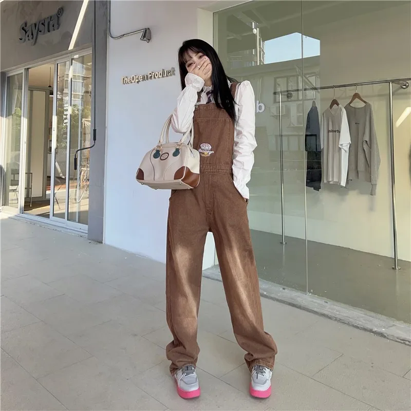 Spring New Jumpsuits Women Embroidered High Waist Straight Leg Full Length Denim Strap Pants Korean Style Casual Overalls Female