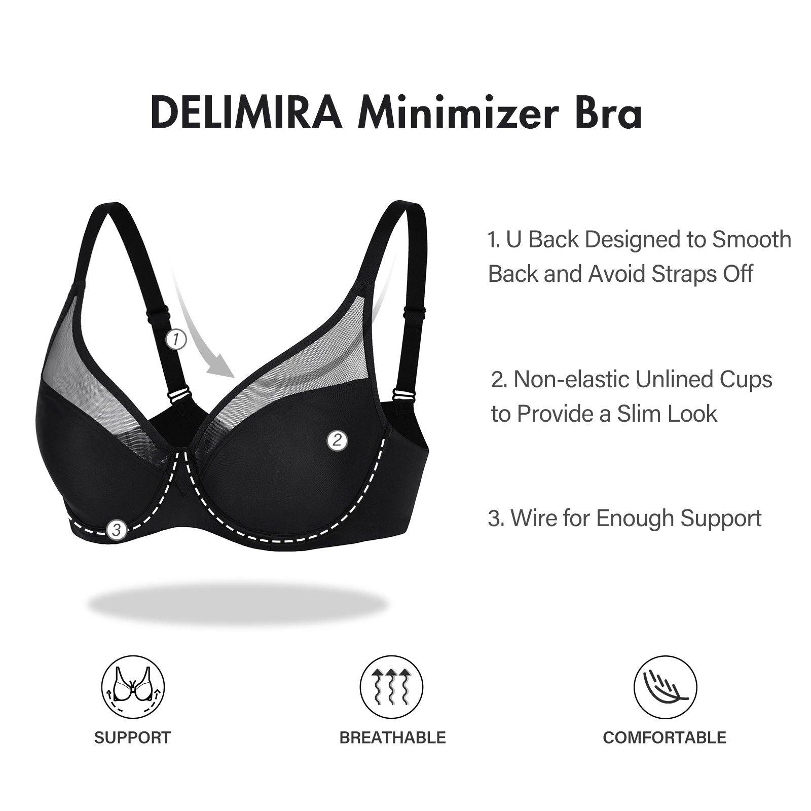 DELIMIRA Women's Minimizer Plus Size Full Coverage Sheer Underwire Unlined  Bra