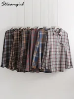 Streamgirl Oversized Plaid Shirt Women 2026 Spring Loose Vintage Long Shirts Full Sleeve Women Plaid Brown Oversized Shirt Blue - Image 3