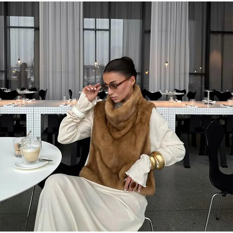 Women Solid Stand Collar Faux Fur Vest Chic High Collar Sleeveless Loose Short Waistcoat Casual 2025 Lady Daily New Street Vests
