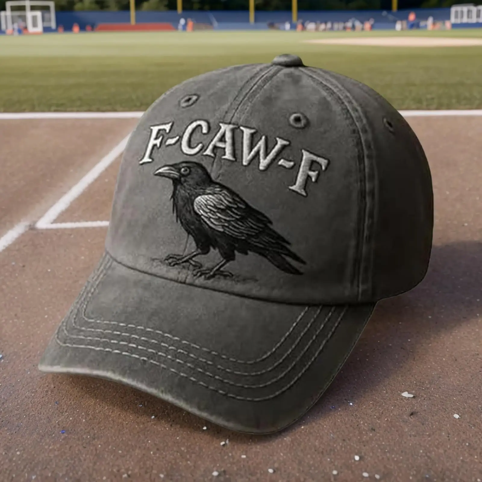 F-Caw-F 크로우 햇, F CAW F 빈티지 고딕 블랙 버드 캡, 남녀공용 조절 가능한 자수 소프트 워시드 그레이 야구 모자