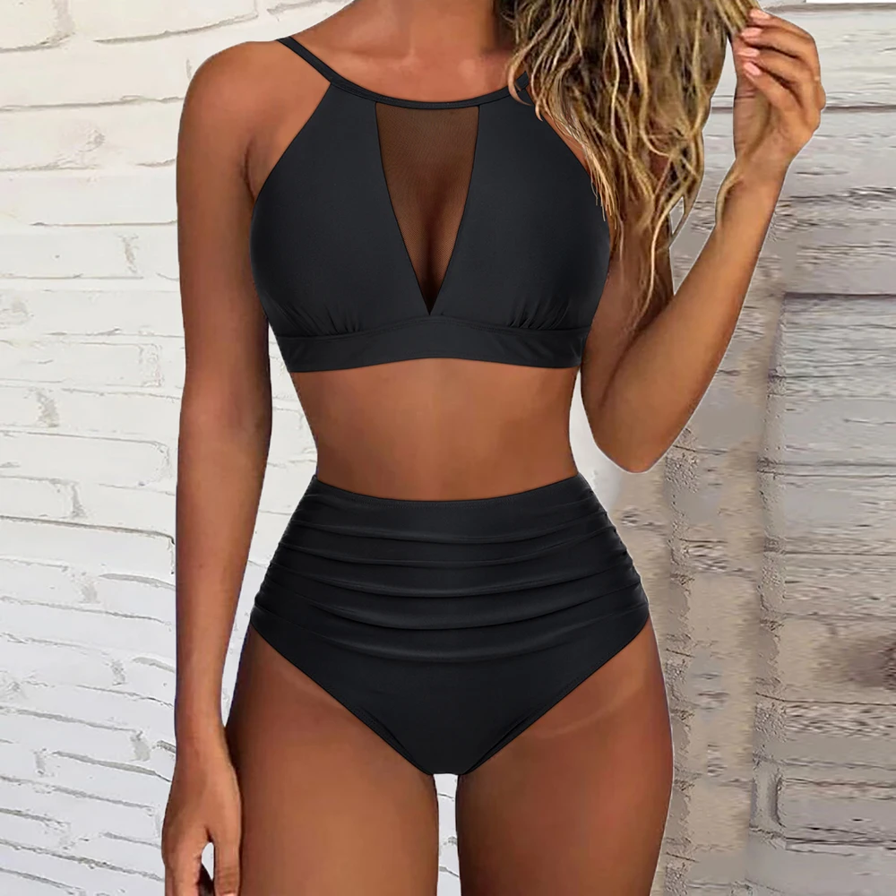 Bikini z wysokim stanem 2023 strój kąpielowy damskie kostiumy kąpielowe czarna siatka seksowny