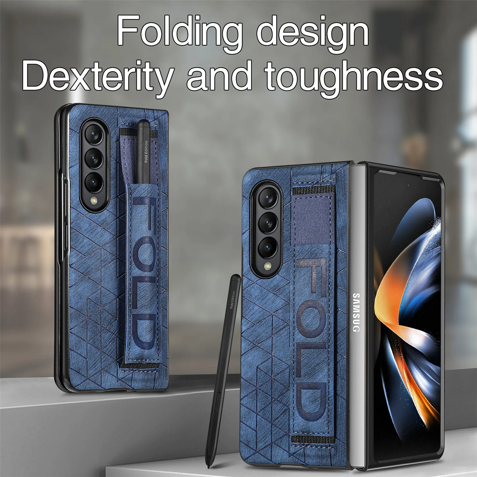 

Тонкий Ультратонкий деловой кожаный чехол с браслетом для Samsung Galaxy Z, складной чехол с 4 фотографиями, Складывающийся дизайн 3 Zfold4