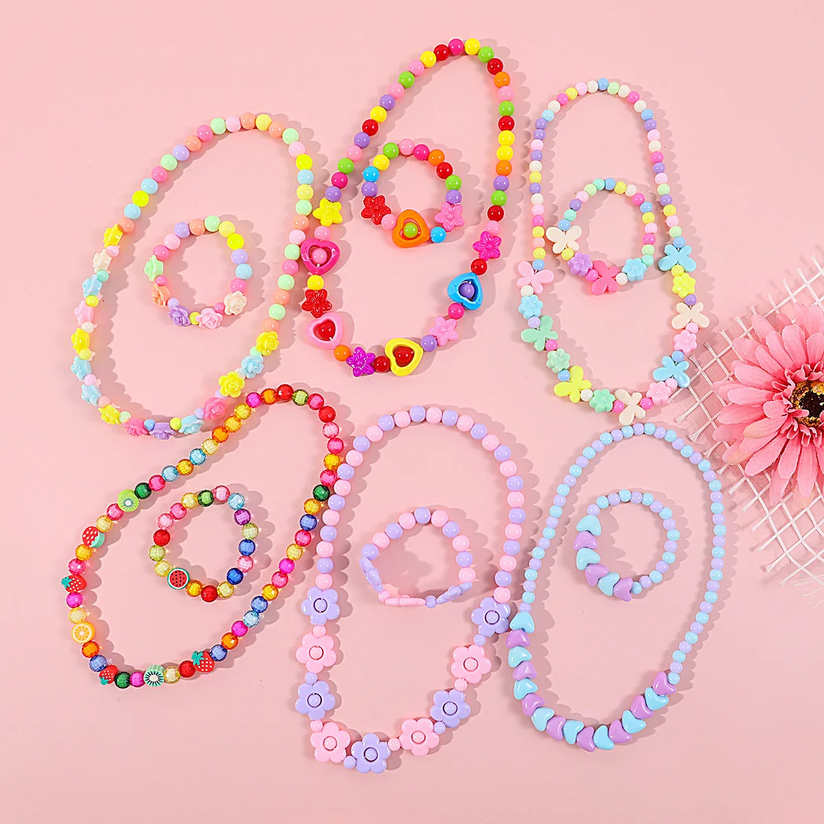 Makersland Children s Beaded Flower Bracelet Colorful Acrylic Flower Necklace Girls Children s Jewelry Sets Wholesale