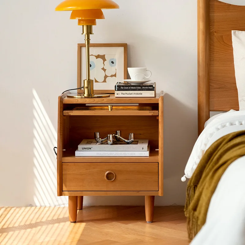 

GJU8 Starwood Solid Wood Bedside Table Glass Small Cherry Wood Vintage Furniture Modern and Simple Bedroom Storage Bed