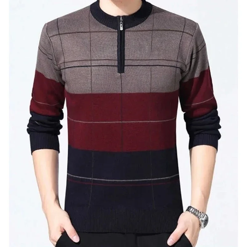 

Spring Autumn O-Neck Plaid Printing Zipper Vintage Pullovers Knitting Men New Clothes Versatile Sweater Korean Trend Sweater Top