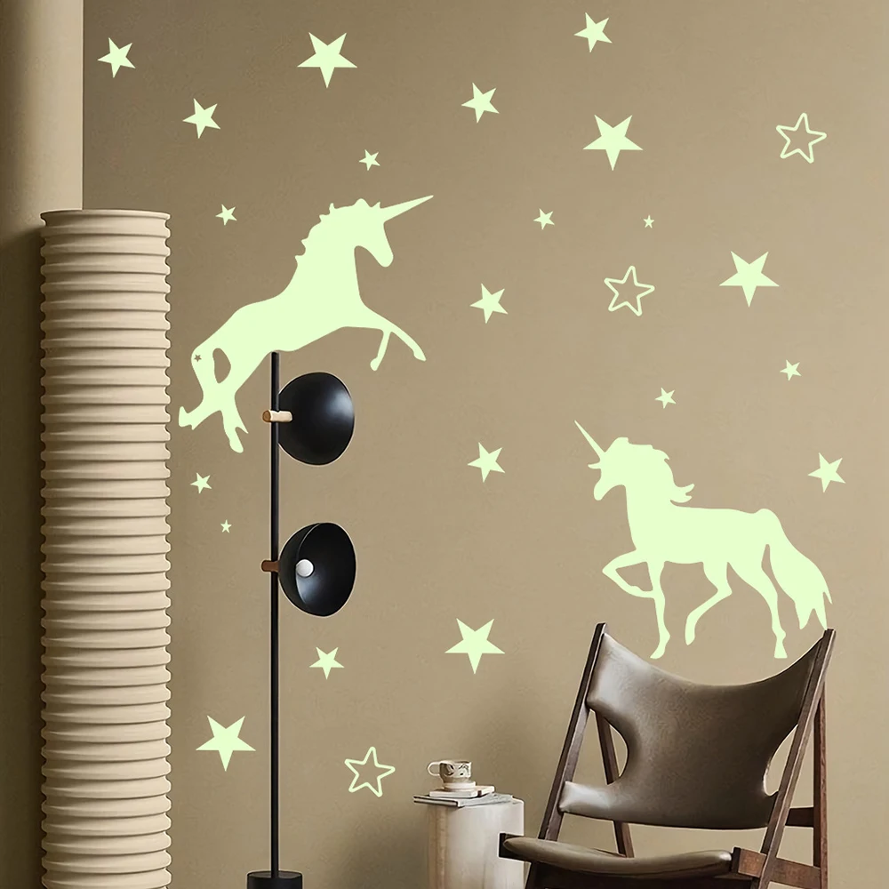 Luminous Unicorn 3D Wall Stickers Set Green Stars DIY Art Decals Glow in The Dark Sticker for Kid Room Bedroom Home Decoration