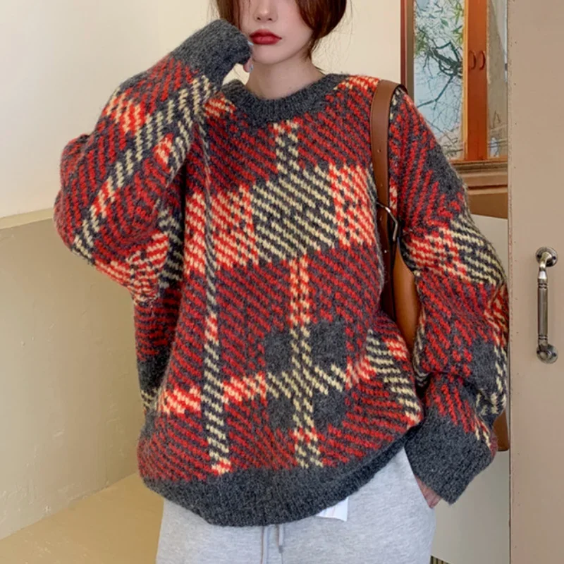

2024 Sweet Girl Japanese Retro Contrast Sweater Women's Outer Wear Loose Korean Style Lazy Style Knitted Sweater Top Trend