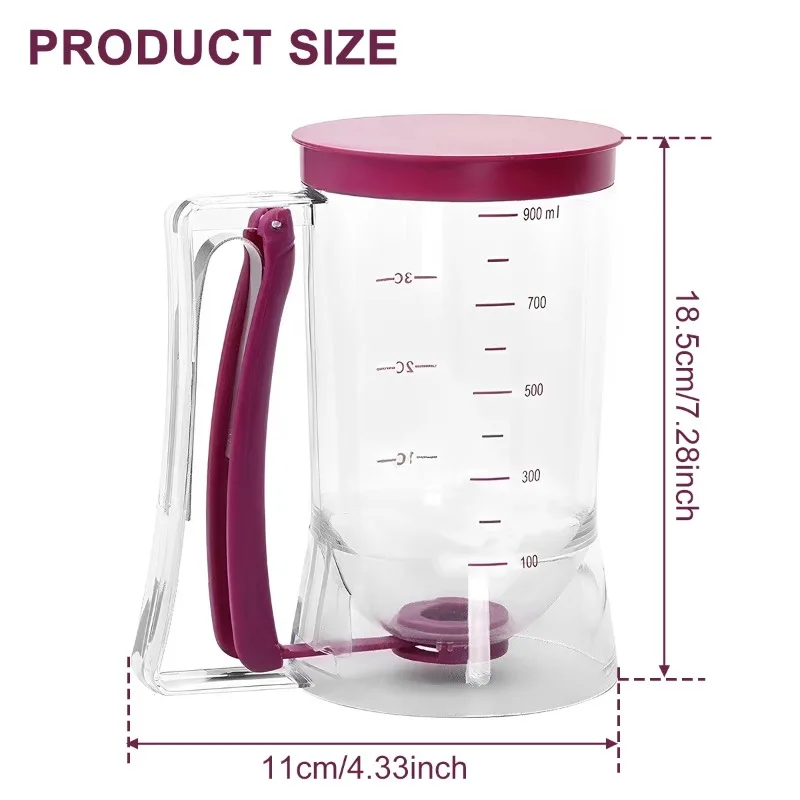 Batter Dispenser 900ml with Measuring Label and Squeeze Handle Bracket for Pancake Batter Cookie Cake Waffles