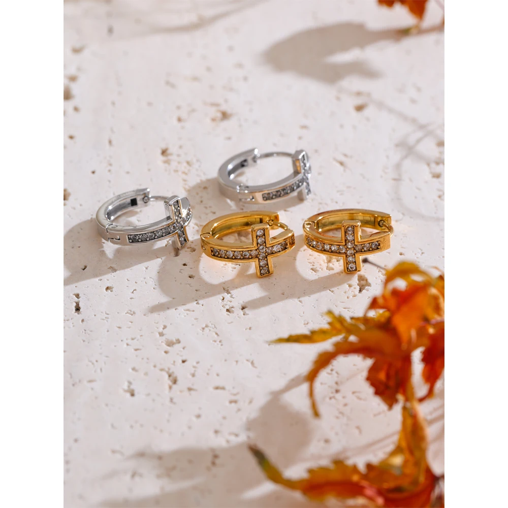 Yhpup Cubic Zirconia Cross Hoop Earrings