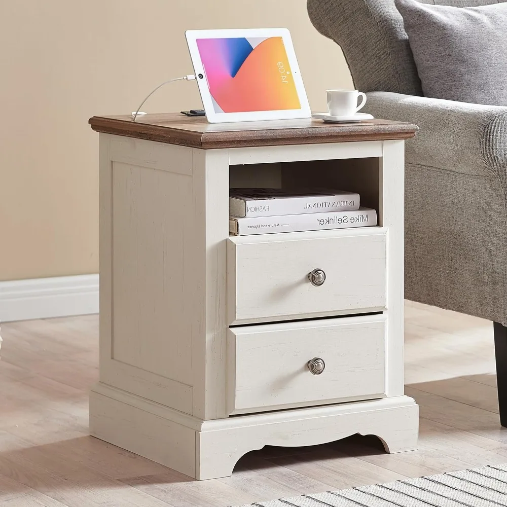 

Bedside table with charging station, 18 inch vintage dining table with 2 drawers, suitable for bedroom, living room, white