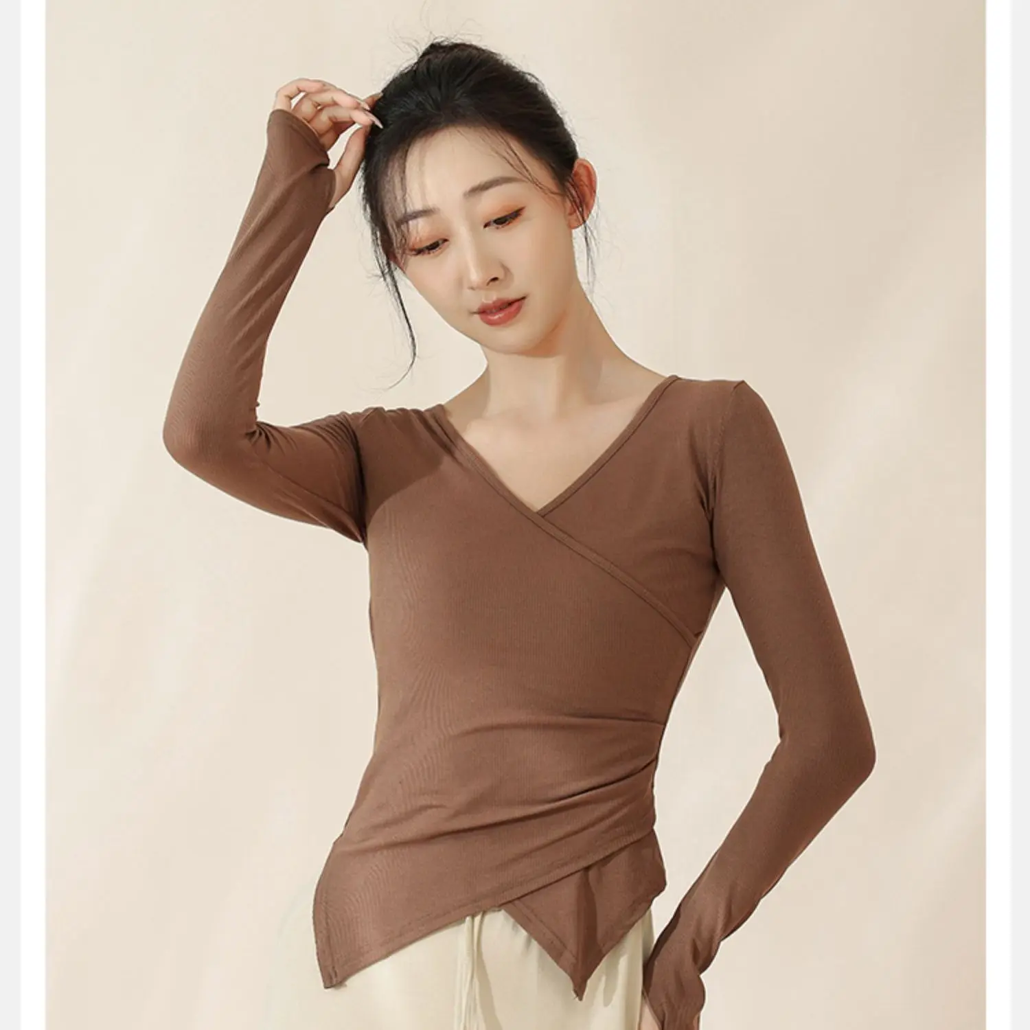 Long Sve T-irt Women's Yoga Pranayama Cross Slim Fit Faionable ort V Ne Body ape Practice Top Polyester Fiber