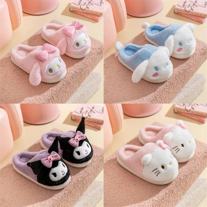 

Kawaii My Melody Kuromi Cinnamoroll Мультяшные Детские хлопковые тапочки зимнее аниме Sanrio Girl Heart плюшевая хлопковая обувь