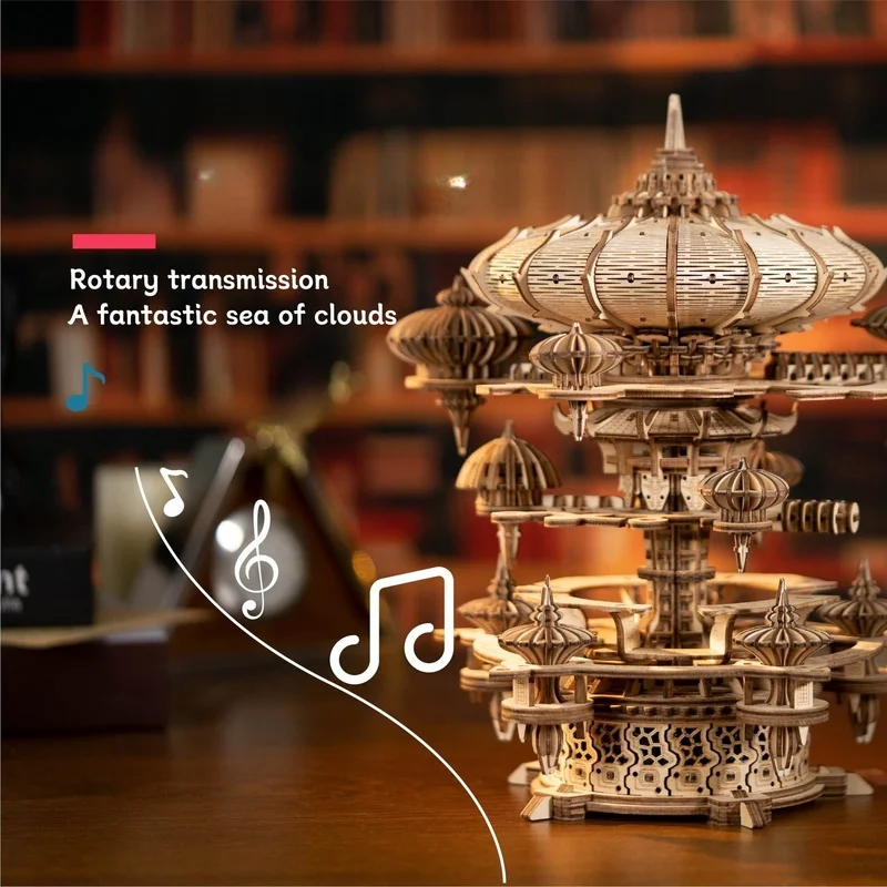Sky City Wooden Music Box Machinery Pistol Diy Manual Building Block Rotatable Model Delicate High Quality Texture Fine Gift