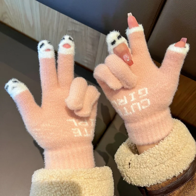 

Cute Panda Winter Gloves Women Thick Mittens Women Fluffy Knitted Fingerless Gloves Wool Cashmere Solid Touchscreen Girl Gloves
