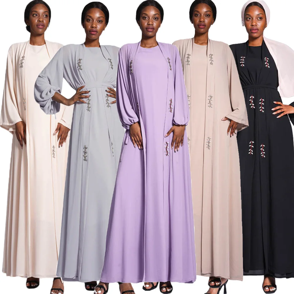 

2 Piece Abaya Open Matching Muslim Set Ramadan Chiffon Abayas Women Dubai Turkey Inner Hijab Dress Islam Prayer Clothes Robe