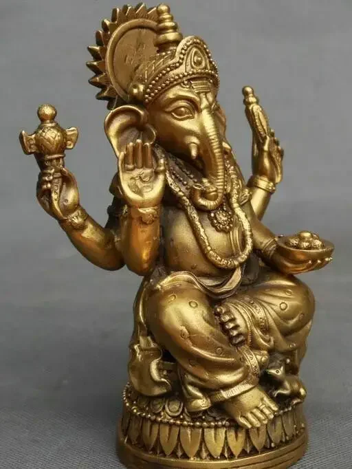 Tibet Pure Bronze Buddhism 4 Arms Mammon Ganapati Elephant God Buddha Statue