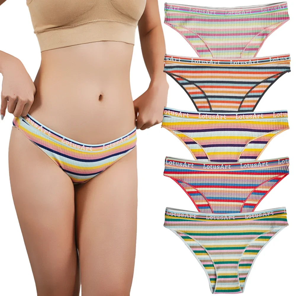 5Pcs Women's Sexy Striped Cotton Panties Woman Low Waist Soft Briefs Plus Size Underwear Underpants Female Panty New