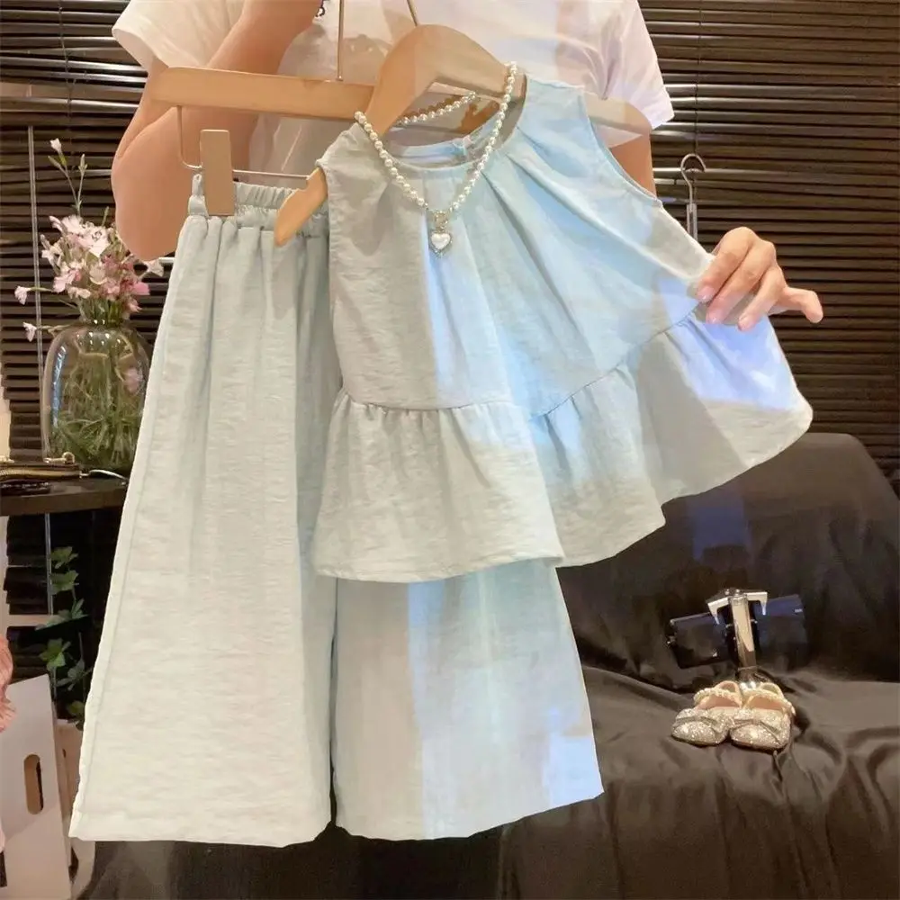 

Girls 2024 Summer New Western Style Sleeveless Top Wide Leg Pants Two Piece Set for Children's Summer