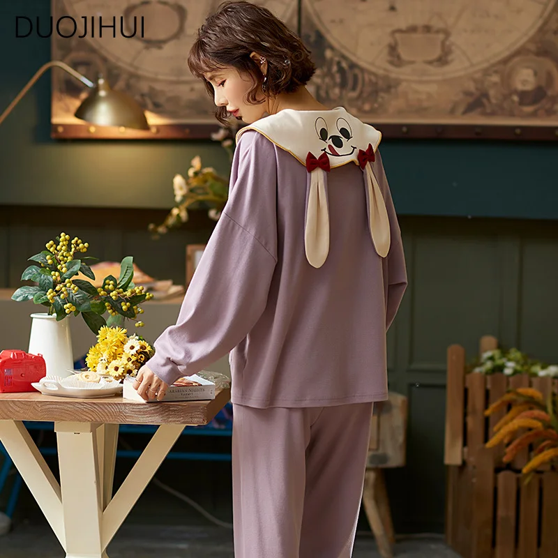 DUOJIHUI Purple Fashion Two Piece Casual Home Pajamas for Women New Chic Simple Cardigan Basic Loose Pant Sweet Female Sleepwear