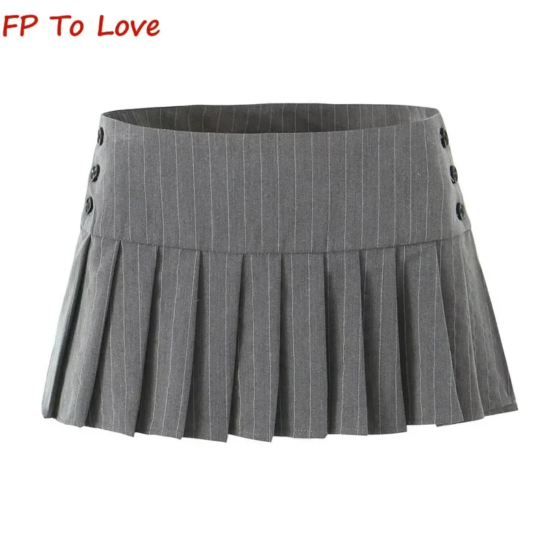 

College Style Aging Gray Pinstripe High Waist Pleated Skirt Low Design Side Button A-Line Mini Skirt
