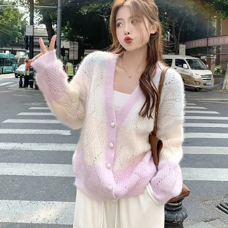 

Mixed Color Women's V Neck Cardigan Korean Fashion Single Breasted Loose Sweater Coat Woman Chic Sweet Knitted Cardigans