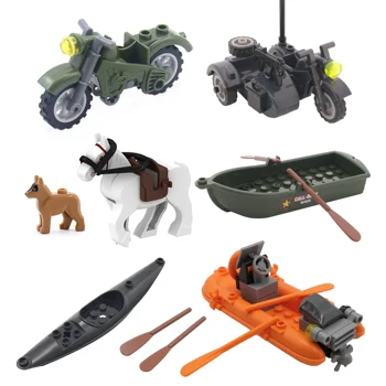 DIY Motorcycle Assault Boat War Horse Dog WW2 Weapon Soldier Military Figure Playmobil Model Building Block Brick Children Toys