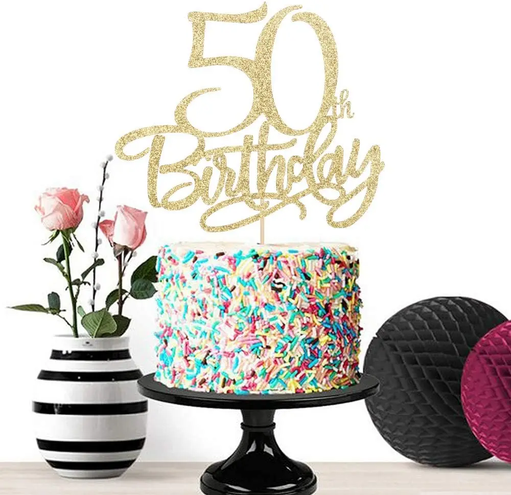 Gold Happy 50th Birthday Cake Topper, Hallo 50, Prost auf 50 Jahre, 50 & Fabulous Partydekoration (50)