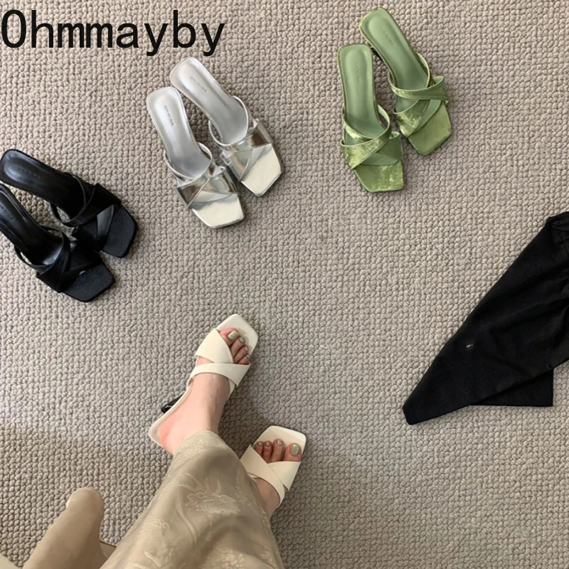 

Дизайнерские летние женские шлепанцы с открытым носком, модные элегантные шлепанцы на толстом каблуке с узкими ремешками, женские элегантные шлепанцы, сандалии