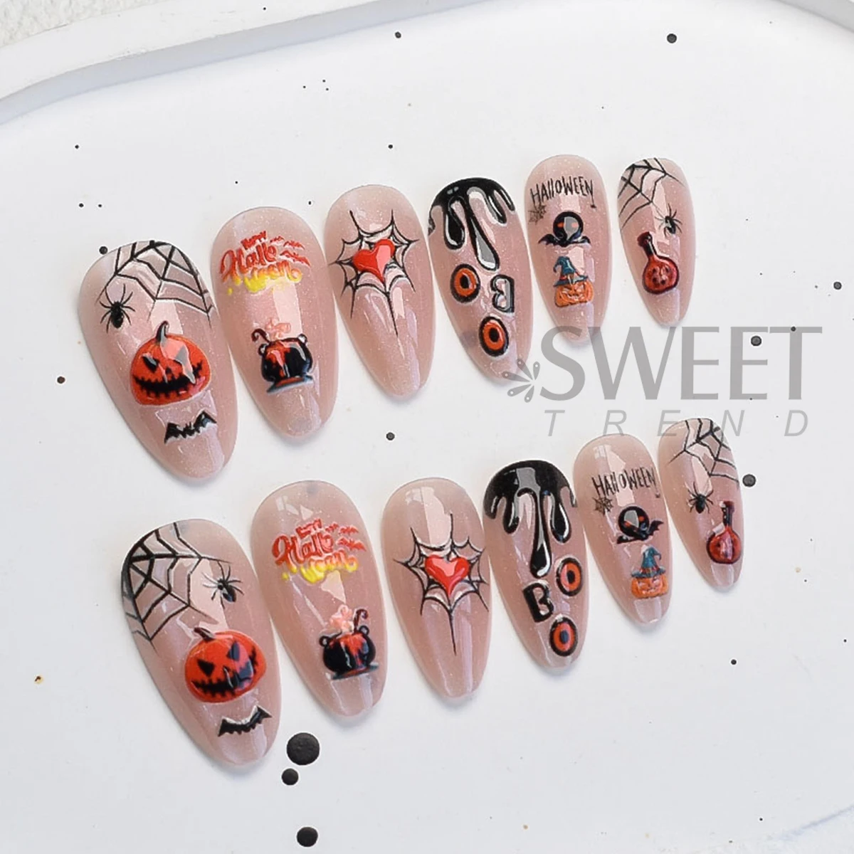 24pcs Cartoon Halloween Series False Nail Tips Cat Eye Shimmer Wearable Fake Nails Skull Spider Web Pumpkin Design Almond Tips