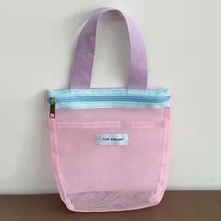 Portable Mesh Toiletry and Makeup Organizer Bag with Handle for Travel and Outdoor Use (Pink)