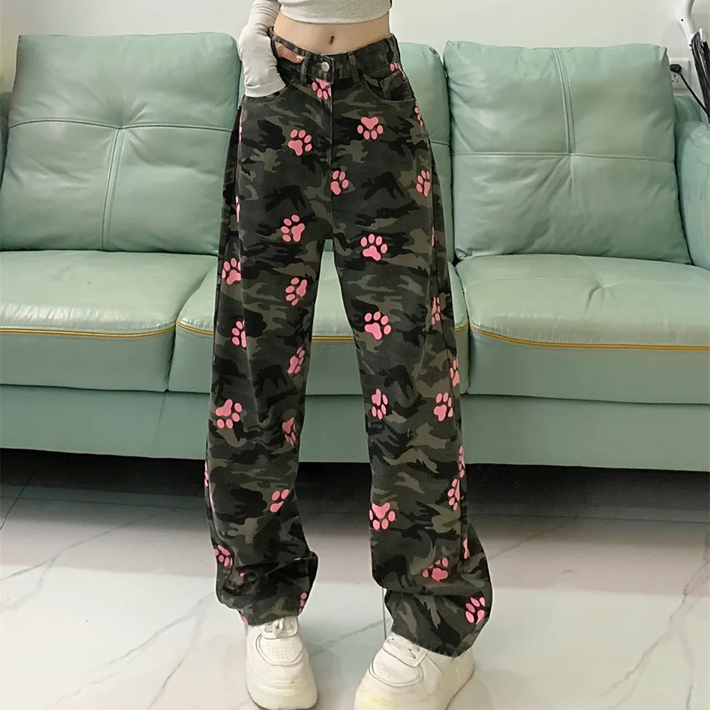 

Jeans Spring Pant Women High Waist Korean Style Loose Fashion Camouflage Print Ladies Trousers Y2k Wide Leg Woman Pants