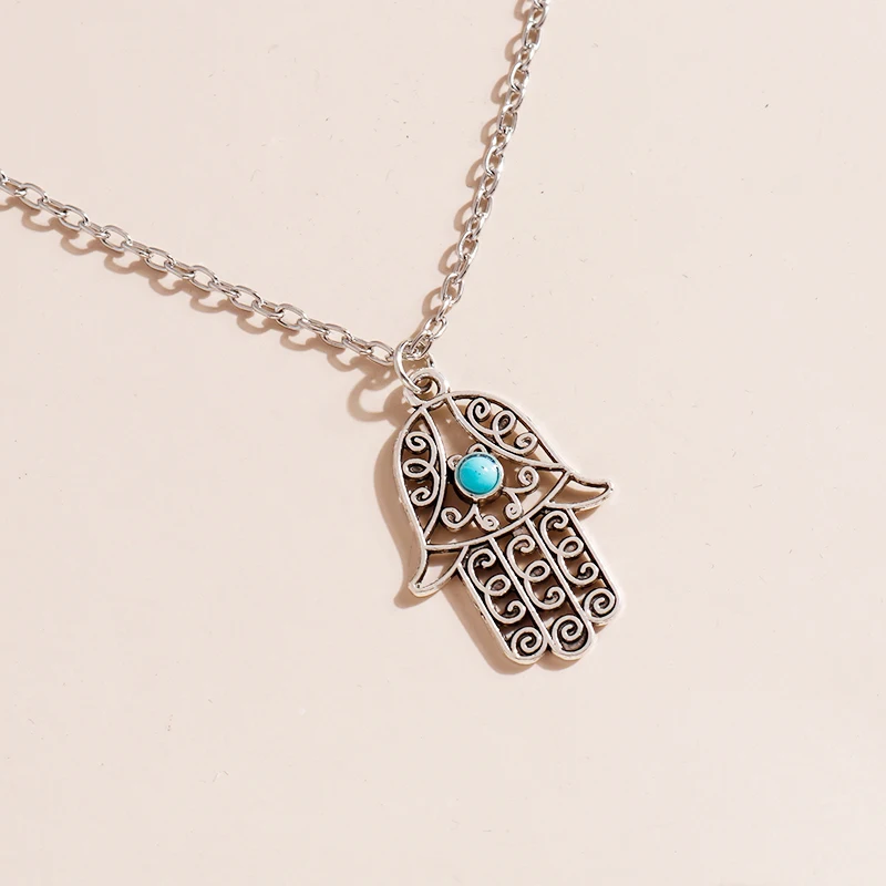 Vintage Hamsa Fatima Hand Anhänger Natürliche Stein Bösen blick Halskette für Frauen Männer Unisex Hohl Kreative Schlüsselbein Halsband Schmuck