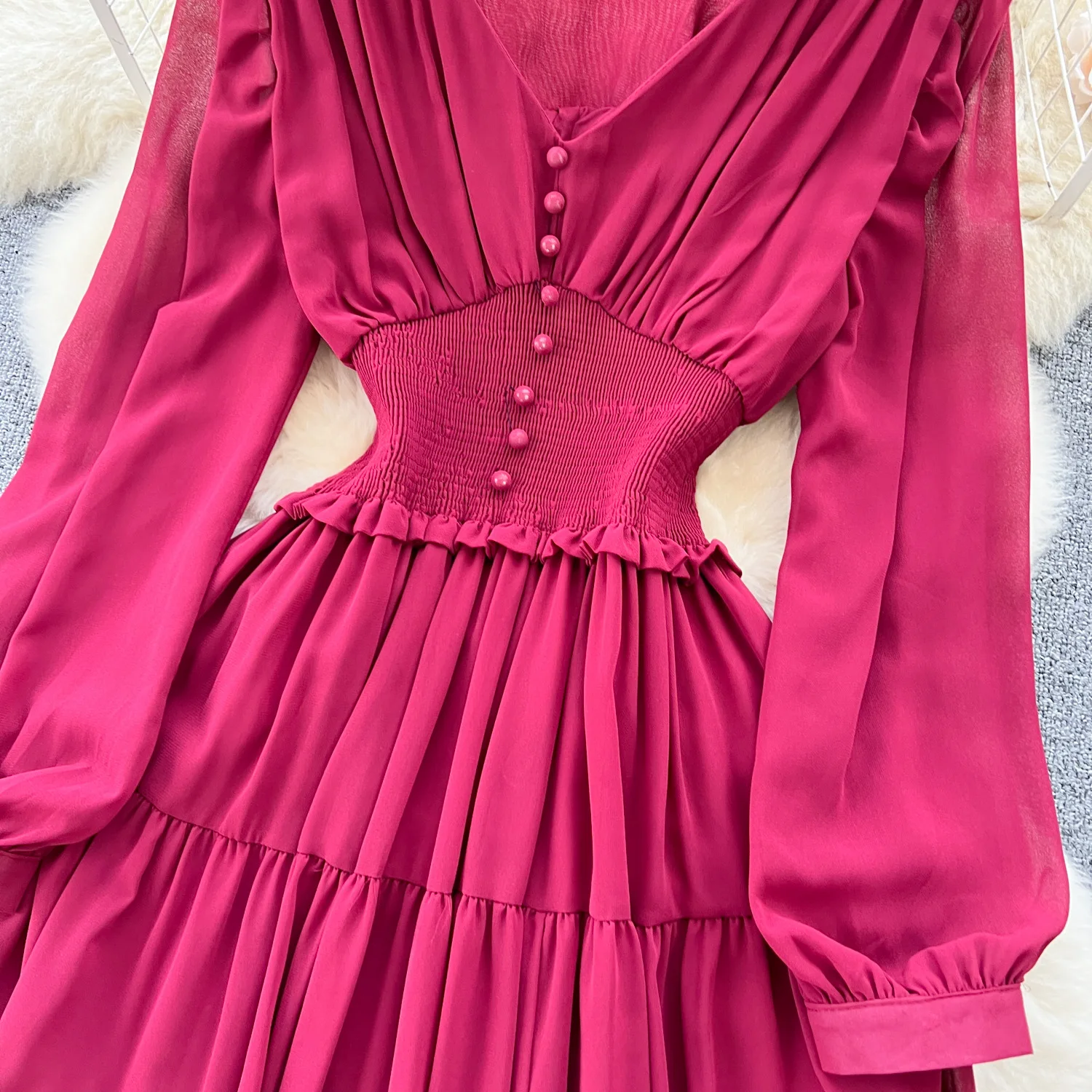 Vintage Chiffon Long Dress Women Elegant V-neck Long Sleeved Casual Dresses French Pleated Slim A-line Long Robe Vestidos