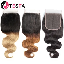 

4x4 Lace Closure Ombre Honey Blonde Body Wave Remy Indian Hair With Swiss Lace 1B 27 30 Natural Color Hair Free/Middle Part