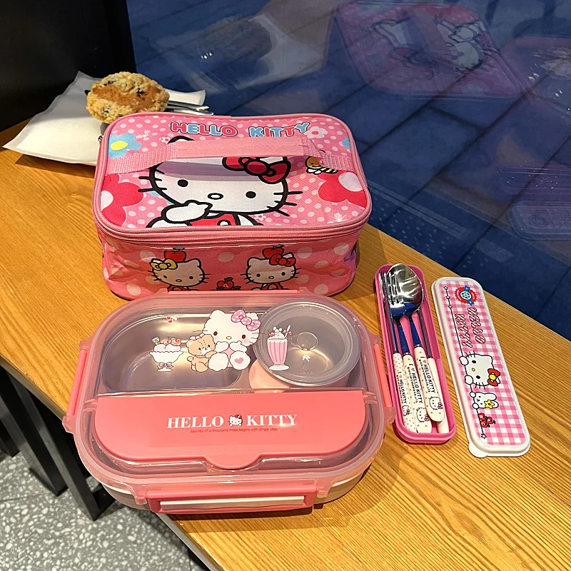 

Ланч-бокс Hello Kitty Kuromi из нержавеющей стали с чашей для супа, изолированная сумка, мультяшный Ланч-бокс, студенческий офисный контейнер для хранения еды