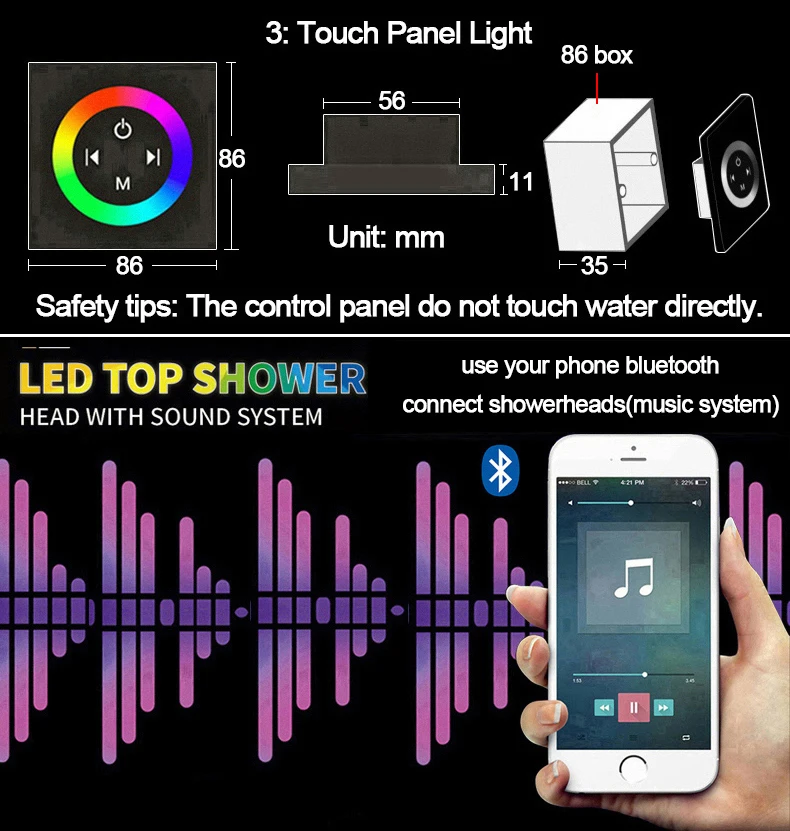 Description Picture 6 of itemQlonn 35*12 Inch Rain Shower Head Set Bathroom 6 Function Shower Faucet Large Flow Concealed Thermostatic Mixer Bath Accessories