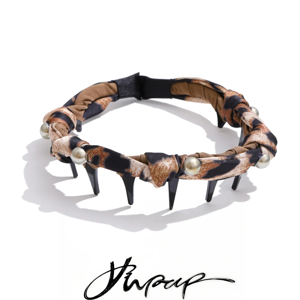 Yhpup Vintage Leopard Polyester Tuch Perlen Rutschfestes Band Zähne Haarreifen für Frauen Haarband Zubehör