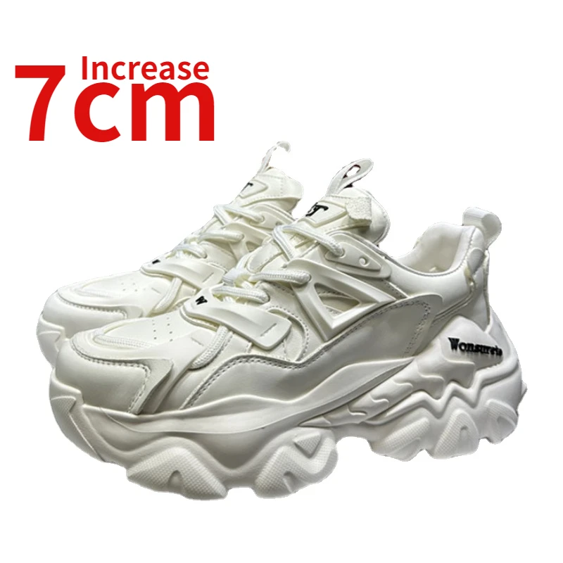 

Europe Thick Platform Design Increased 7cm Sports Casual Elevated Shoes for Women's Genuine Leather Breathable White Dad's Shoes