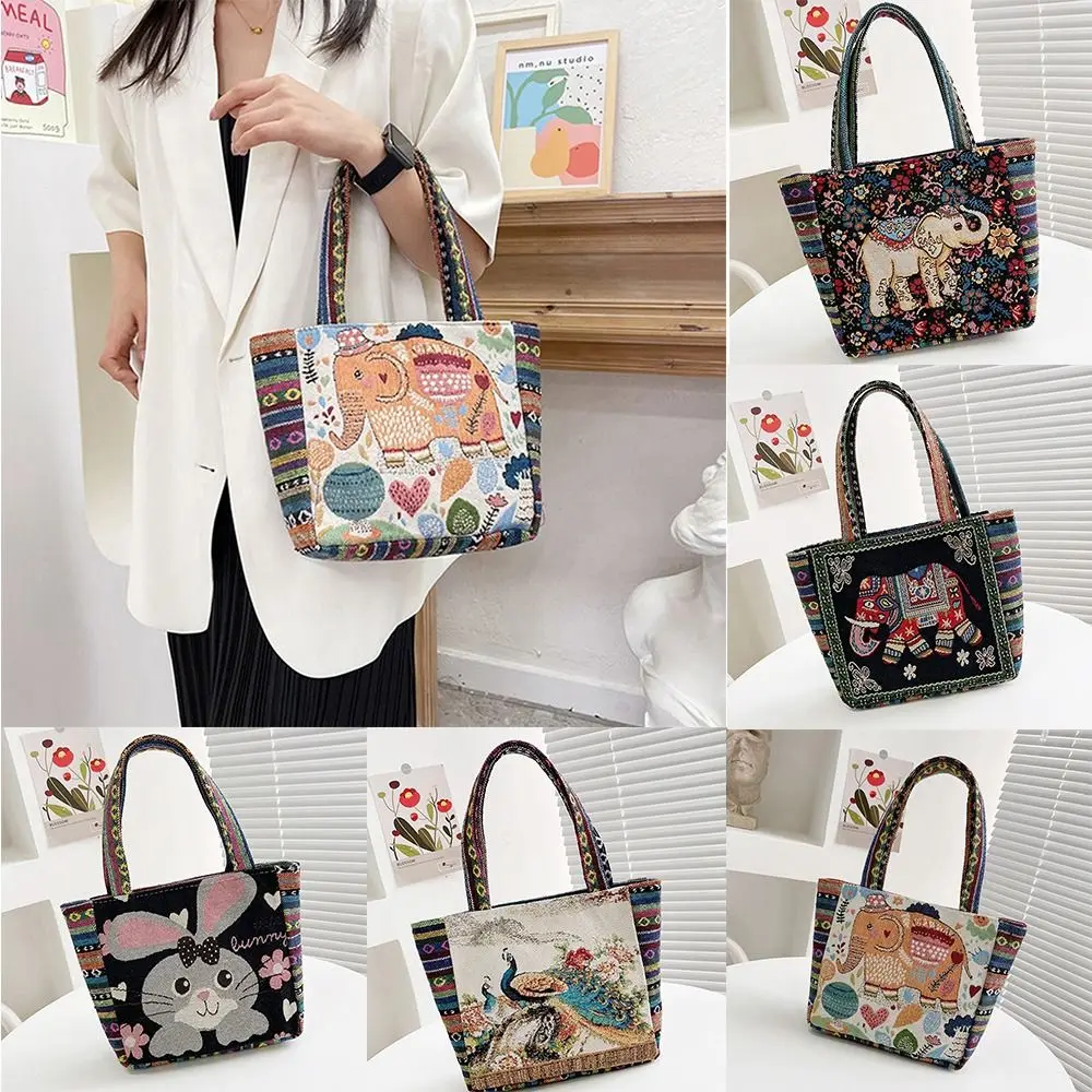 

Animal Ethnic Style Handbag Vintage Rabbit Peacock Canvas Tote Bag Embroidery Elephant Canvas Handbag Women