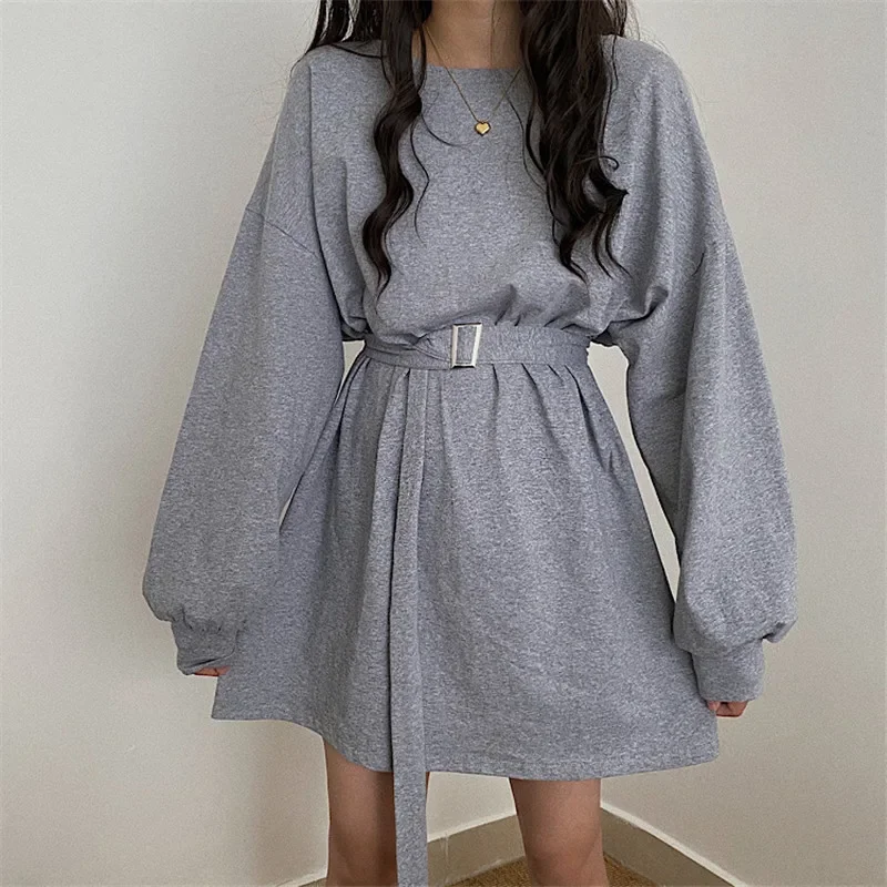 Moda Donna Vestito Allentato O-Collo Casual Cotone Telai Solido Semplicemente Lanterna Manica Femminile Bing 2022 Hot Kobieta Sukienka