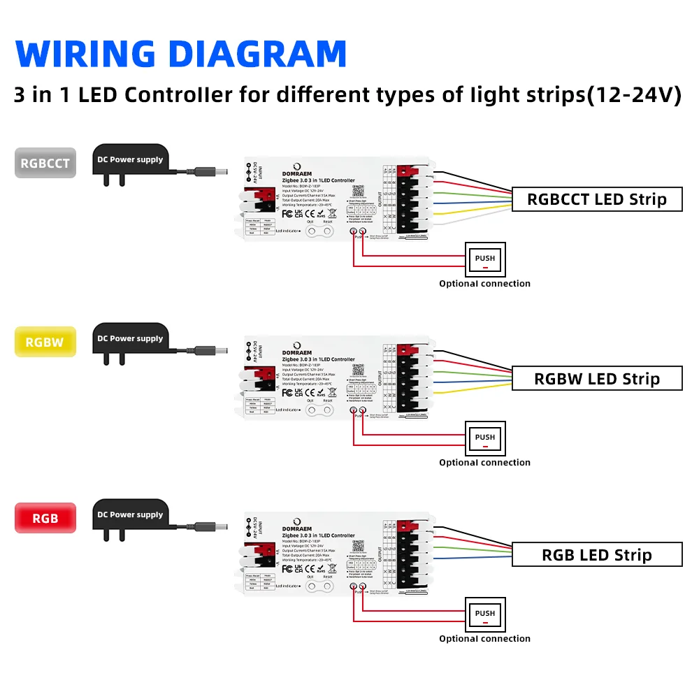 DOMRAEM 20A Zigbee3.0 5-in-1 / 3-in-1 / RGBCCT LED-Streifen-Controller Intelligenter Dimmer Kompatibel mit HU*E SmartThings Tuya Smartlife Alex – Detail 5