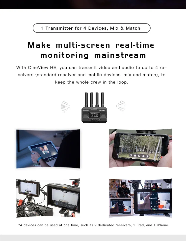CineView HE 듀얼 밴드 무선 비디오 송신기 시스템, 스마트폰 라이브 스트림용, SDI 및 HD, 1200ft, 60ms