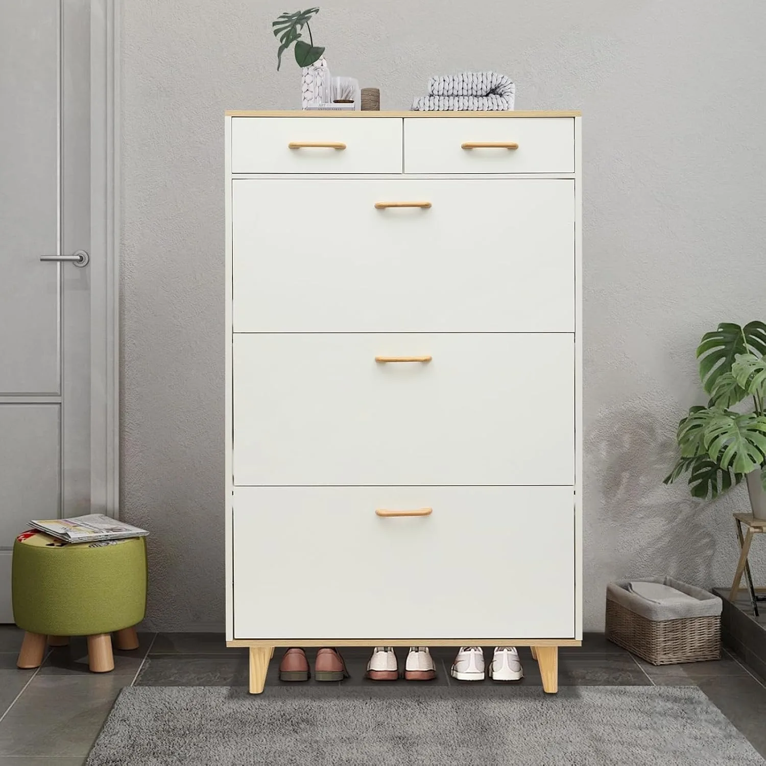 Freistehender Schuhschrank mit 3 Klappregalen und 2 Schubladen, 80 x 24 x 135 cm großer Schuhschrank für Eingänge, Garderobe, Flur – Detail 4